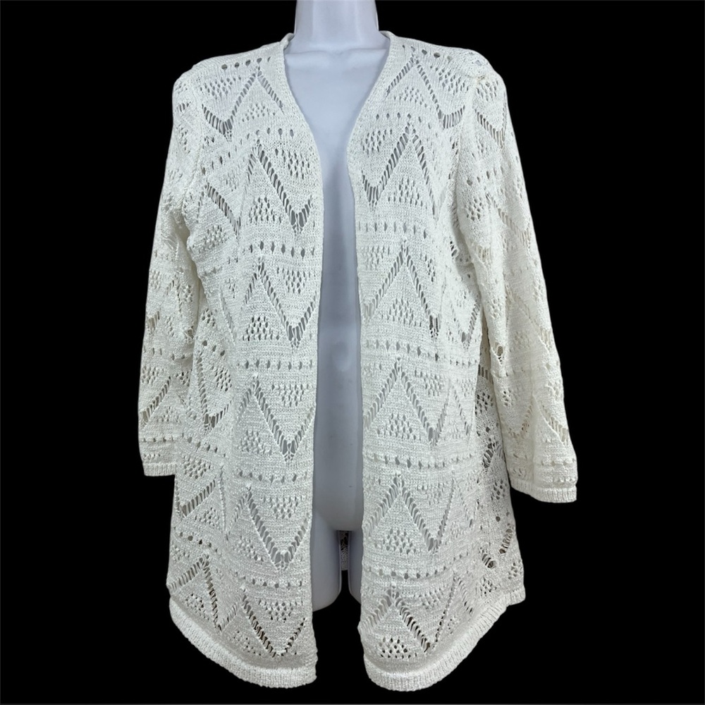 Chicos Open Front Knit Crochet Cardigan‎ Sweater Sz 2 L White Boho Resort